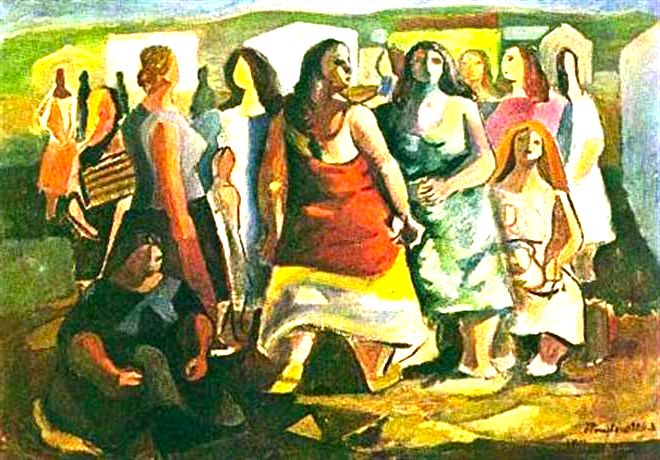 Quadro Mulheres Protestando, Di Cavalcanti, exibe grupo de mulheres em paisagem do campo