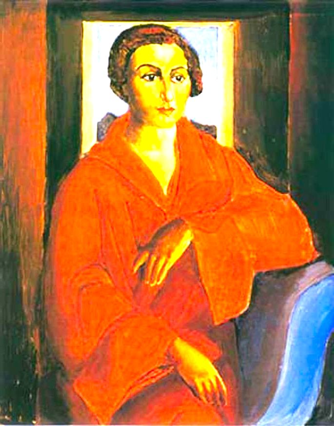Retrato de Noêmia, obra de Di Cavalcanti retratando moça sentada em poltorna azul e vestida de vermelho
