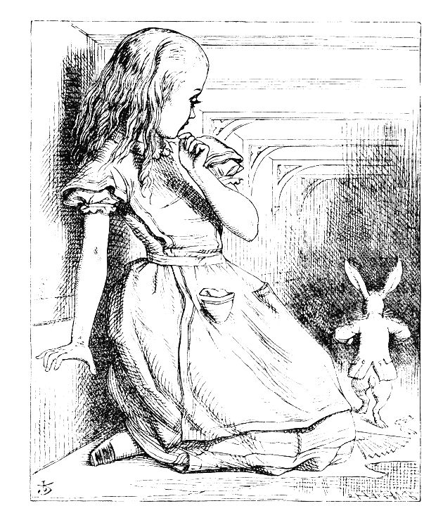 Ilustração de John Tenniel com Alice seguindo o Coelho.