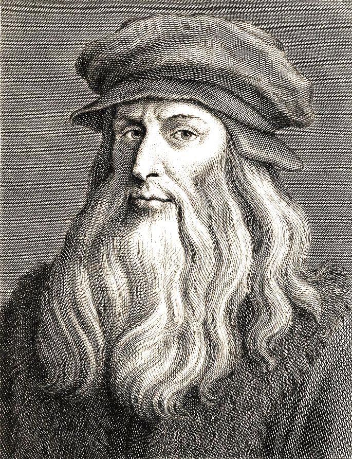 retrato de Leonardo da Vinci exibe homem de perfil com barba longa e boina